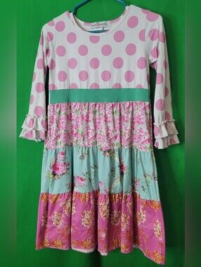 Girl Pink Mint Floral Tiered Ruffle Dress Adorable Sweetness Sz 8 Polka Dot Flow